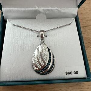 Fine Silver Plated Teardrop Pendant Necklace w/ Genuine Crystal – New in Box